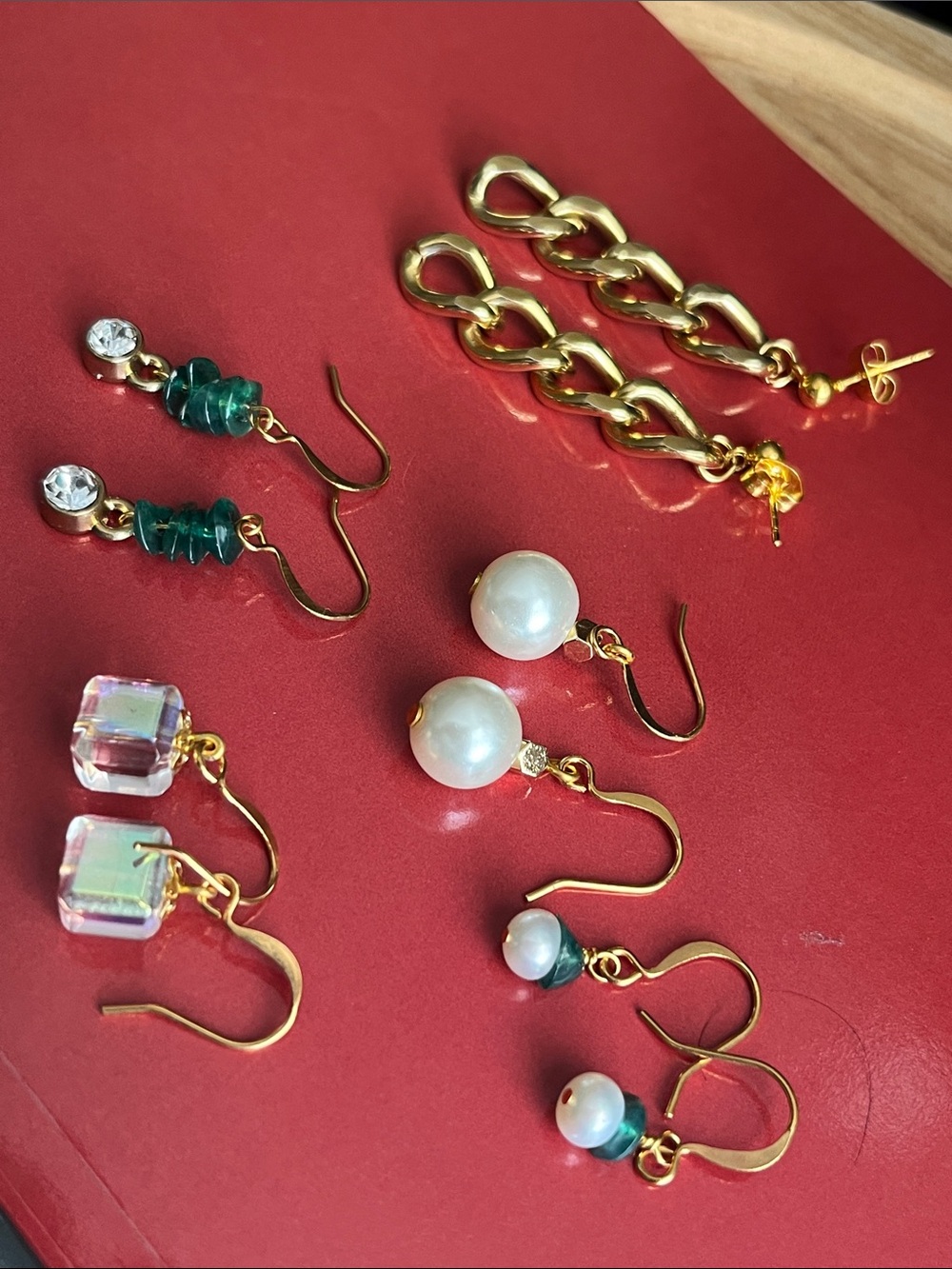 Gold Chain and Mixed Gemstone Drop Earrings - White Pearl & Green Bead